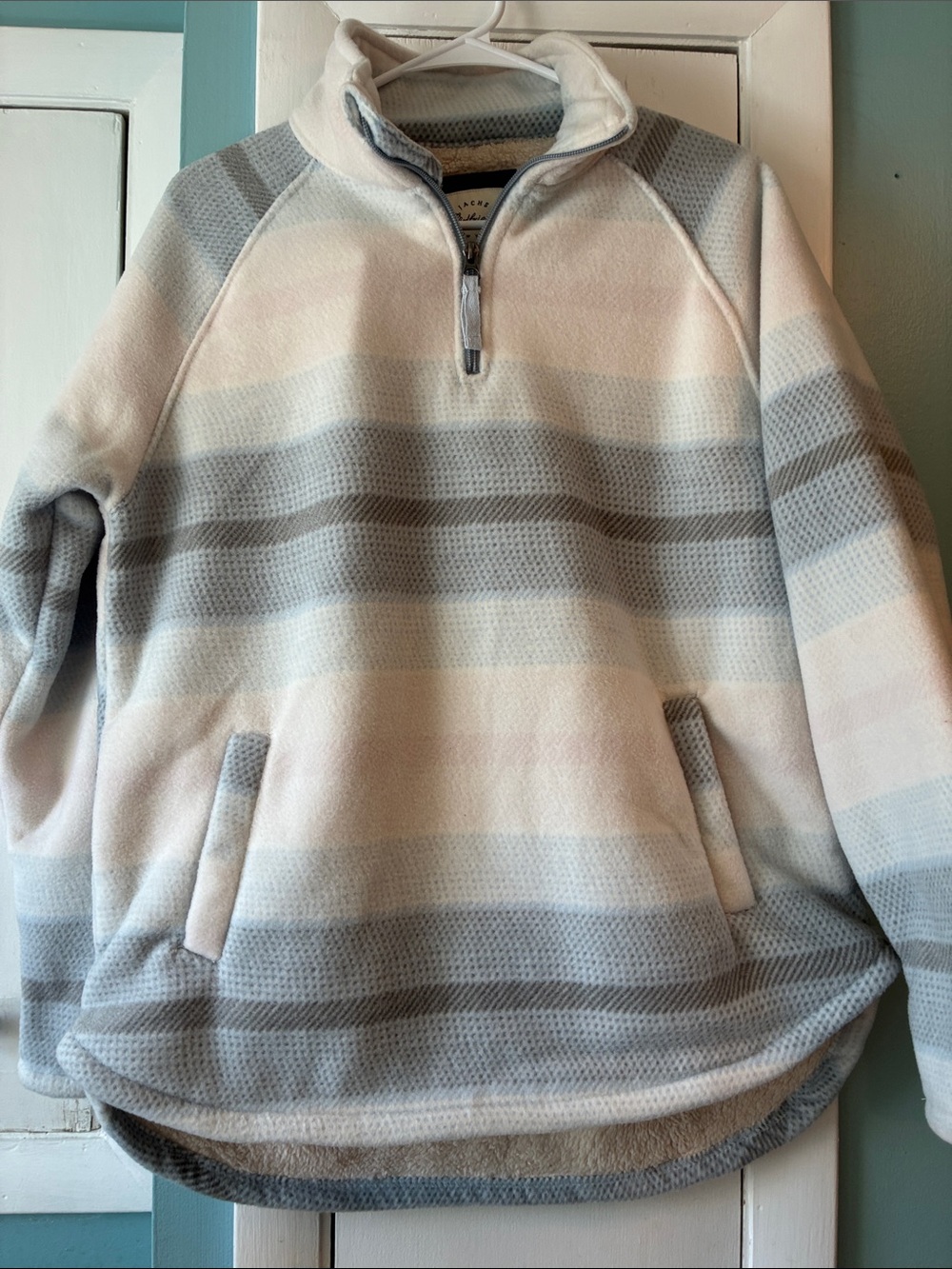 Jachs Striped Half-Zip Fleece Pullover in Light Gray & Cream